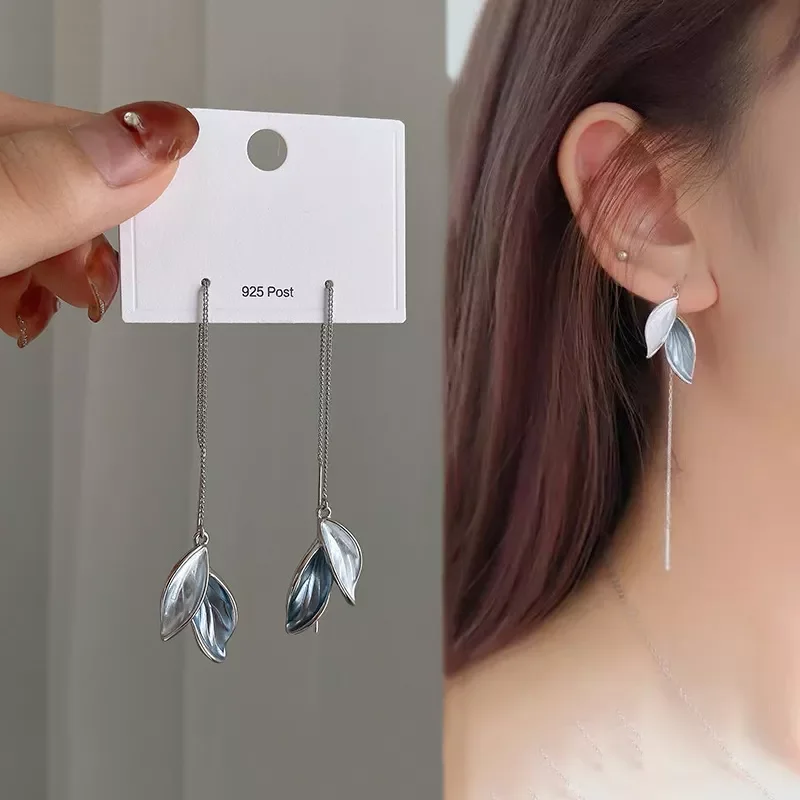 Leaf Tassel Earrings for Women Creative Metal Simple Drop Earrings Tassel Design Female Fashion Jewelry