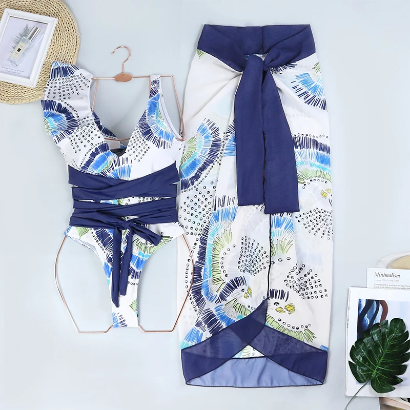 CPUTAN Green Print Deep V Bikini Set 2023 Cover Up Ruffle Straps Backless Sexy Beachwear Ladies Slim High Waist Summer Swimsuit