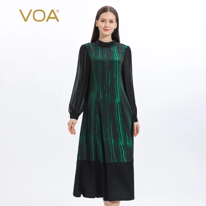 

VOA Silk Print Green Stripe Shirt Long Sleeves Elegant Woman Dress Autumn Sexy V-shaped Hollow Vintage Mid-length Dresses AE1259