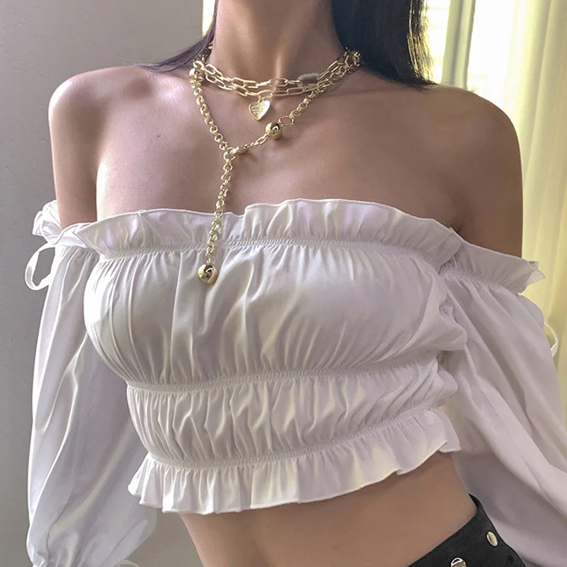 

Pure Cotton Pleated Lantern Long-sleeved Sexy One-word Neckline Wrapped Chest Party Top Women Strapless Ruffled Ladies Elegant