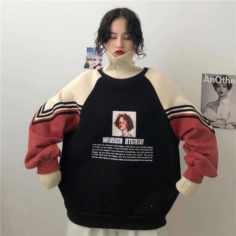 

Turtleneck Hoodies Women Plus Velvet Warm Harajuku Printed Pullovers Tops Womens Oversize Patchwork Leisure Chic Sweatshirts