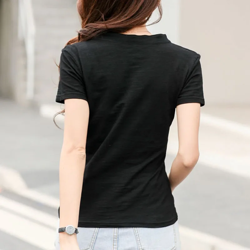 Свободная хлопковая футболка с коротким рукавом женские футболки v-образным