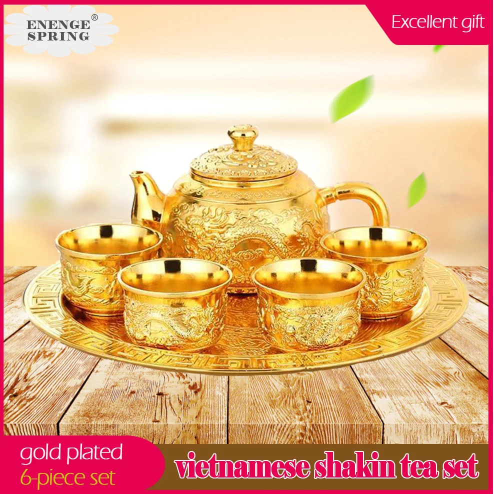 

6-Piece Set Vietnamese Alluvial Gold Teaware Alloy Gold-Plated Dragon-Phoenix Teapot /Teacup /Tray Kit Vintage Tea Set