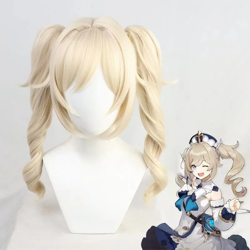 

Barbara Wig Genshin Impact Cosplay Pale Blond Golden Long Curly Twin Ponytails Heat Resistant Hair Women Halloween