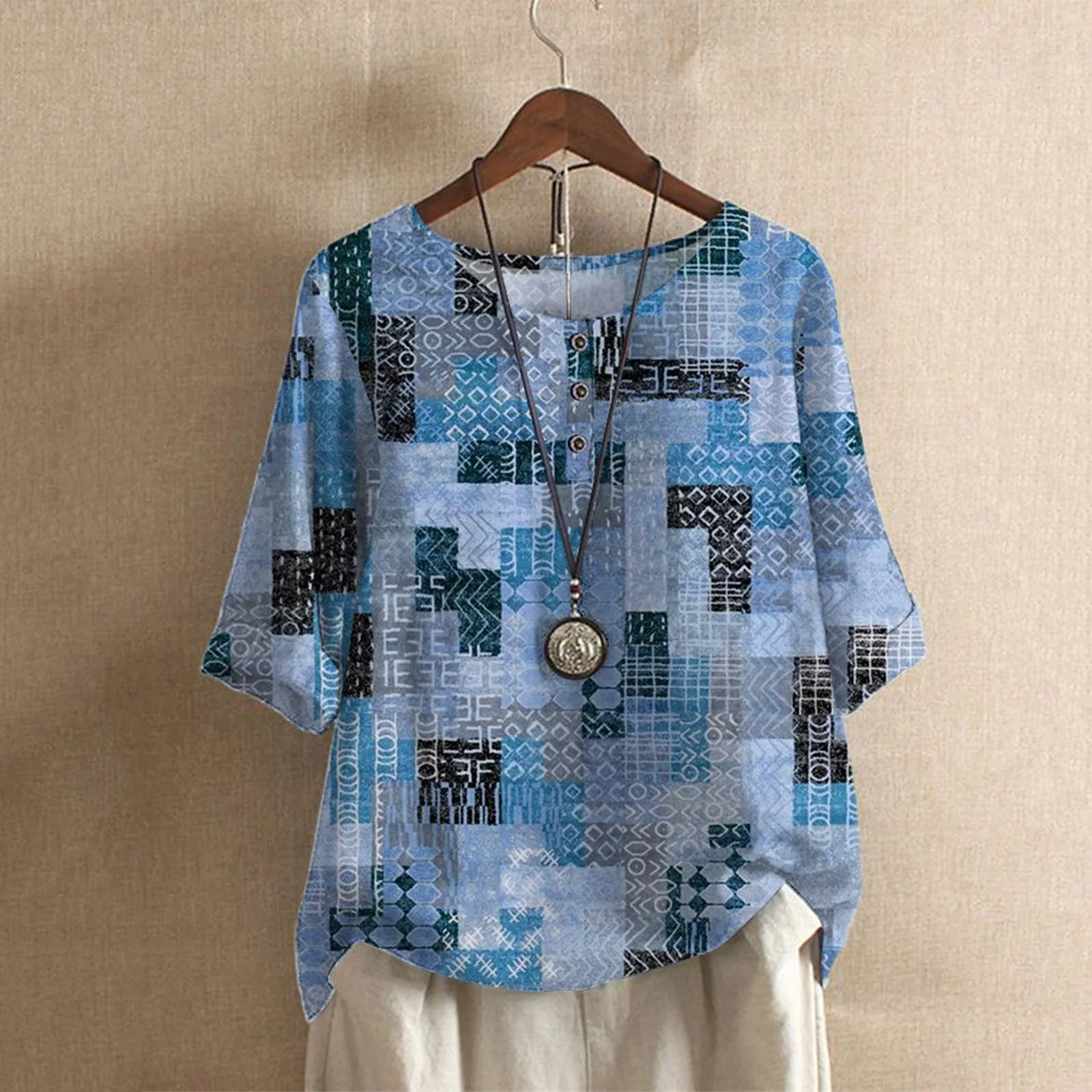 

Женская винтажная блузка в стиле ретро, Повседневная Туника с геометрическим принтом и круглым вырезом, элегантные рубашки большого размер...