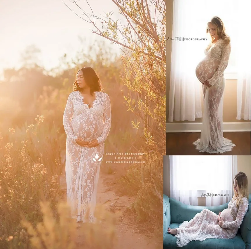 Maternity Dress Women Lace Pregnancy Gown Elegant Photo Shoot Dress Maxi Photography Dresses See Through V-neck Lace Dresses enlarge