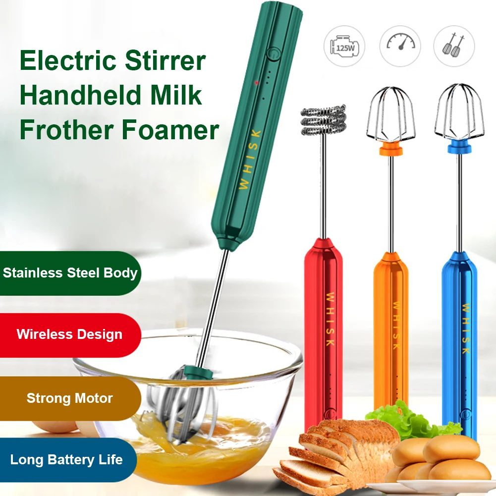

Electric Milk Frother Handheld Whisk Cordless Egg Beater USB Rechargeable Foamer for Coffee Cappuccino Matcha Lattes with 2 Head
