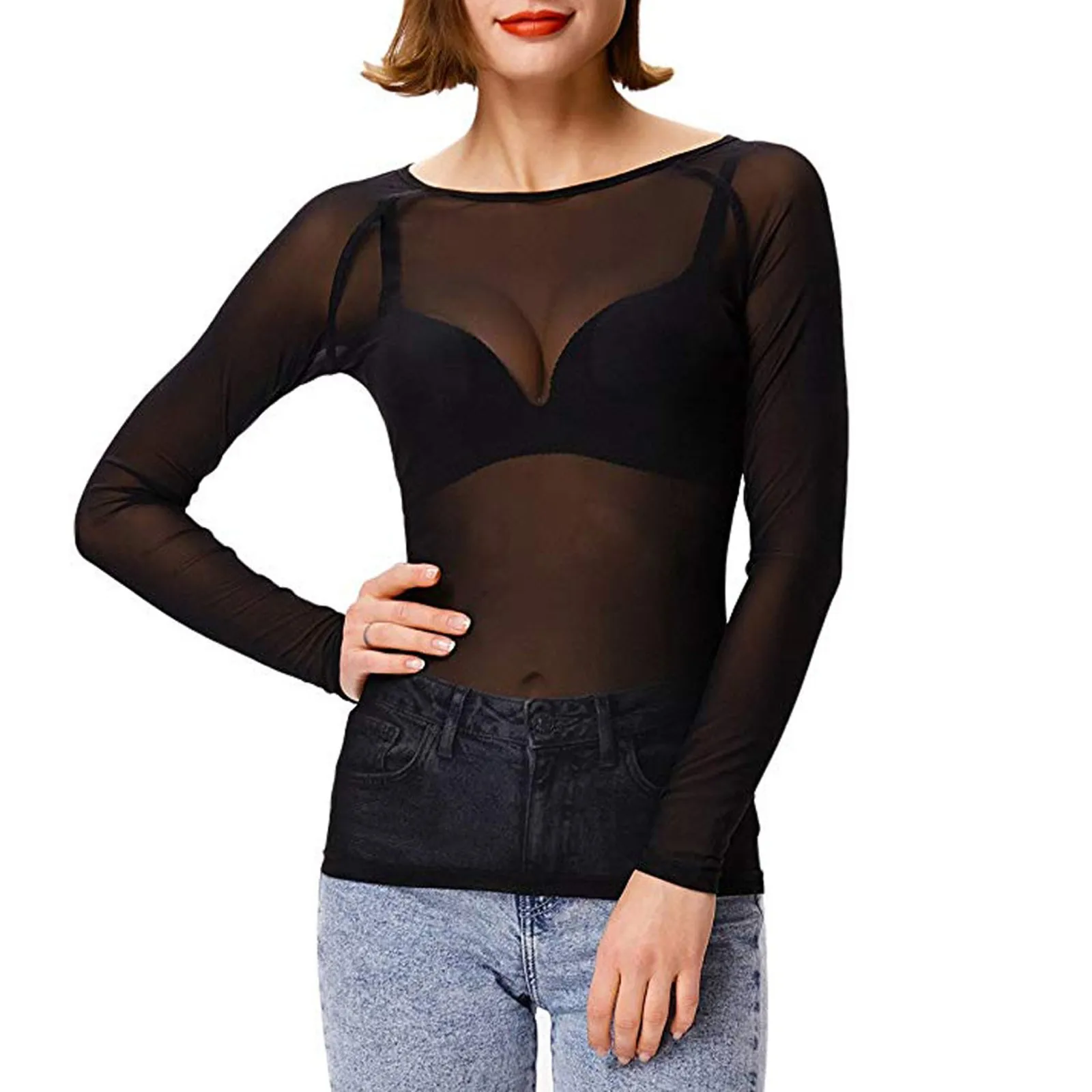 

Women tops Sexy Clubwear Summer sexy Mesh Sheer See-through Blouse Long Sleeve Tulle Transparent New Fashion Pullover tshirt