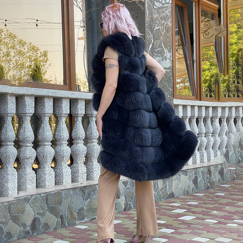 Horizontal Stripes Sleeveless Fox Fur Vest Coat Women Autumn Winter New Streetwear Luxury Genuine Fox real Fur Jacket Female