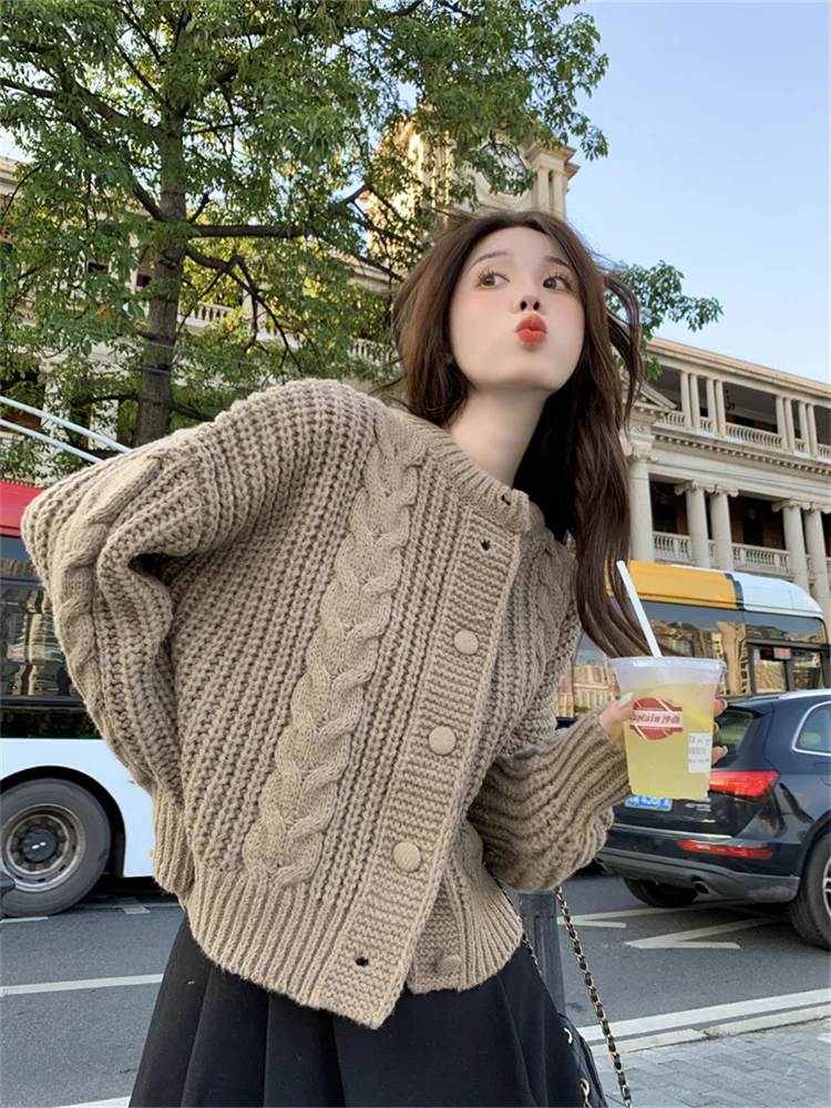 

Hsa женский свитер с витой вставкой, куртка 2022, Осень-зима, новинка в Корейском стиле, Свободный вязаный кардиган с длинными рукавами, Женский ...