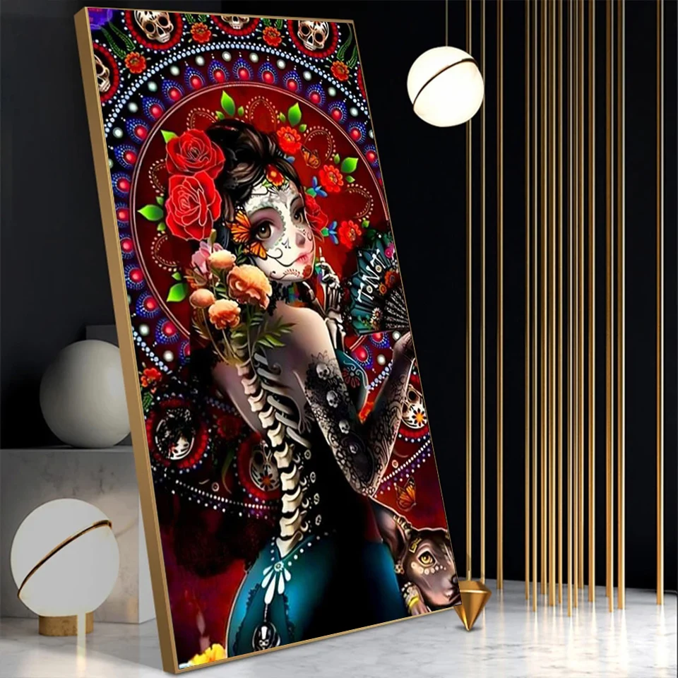 

Diamond Art Skull Tattoo Girl Cross Stitch Kits Rhinestones Diamond Embroidery Portrait Mosaic Painting Handmade Home Decor Gift