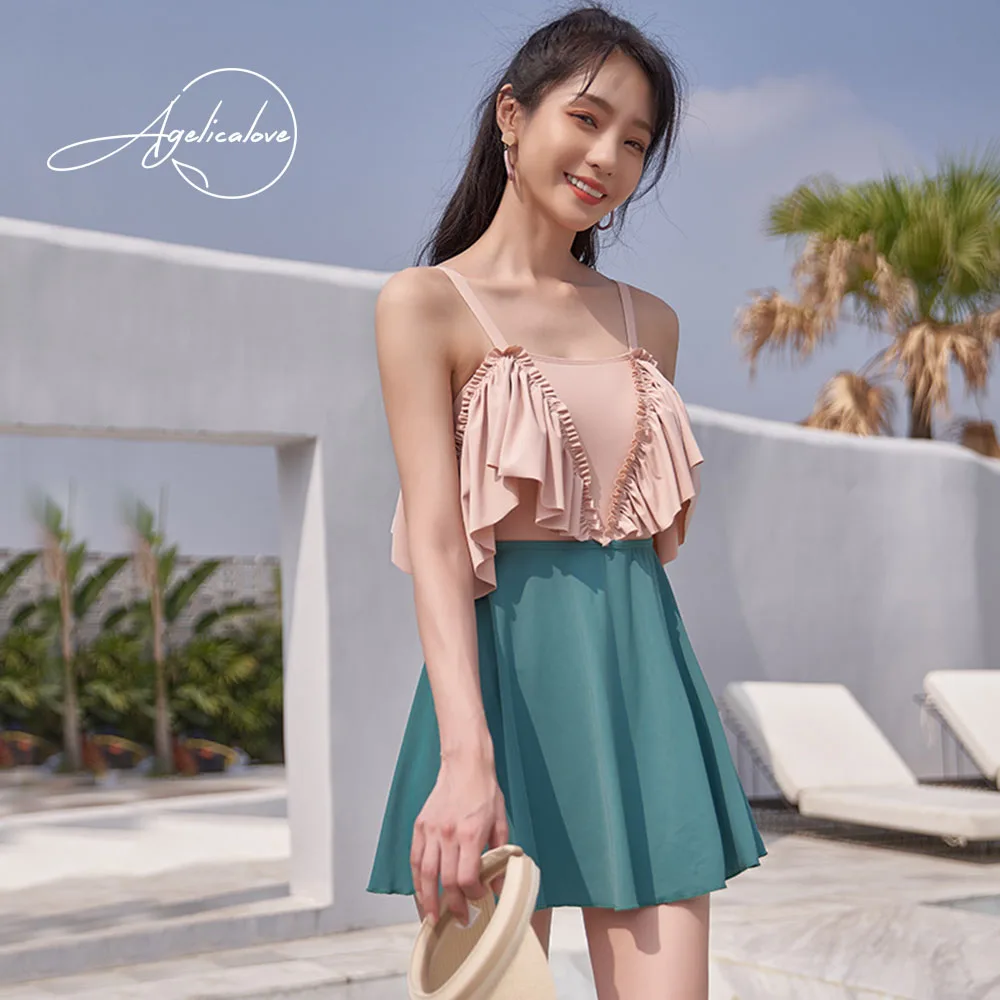 

AGELICALOVE Korea Sweet Patchwork Swimsuit Dress Girls Elegant Off Shoulder Ruffles Bathing Suits Women Pretty Holiday Swimwear