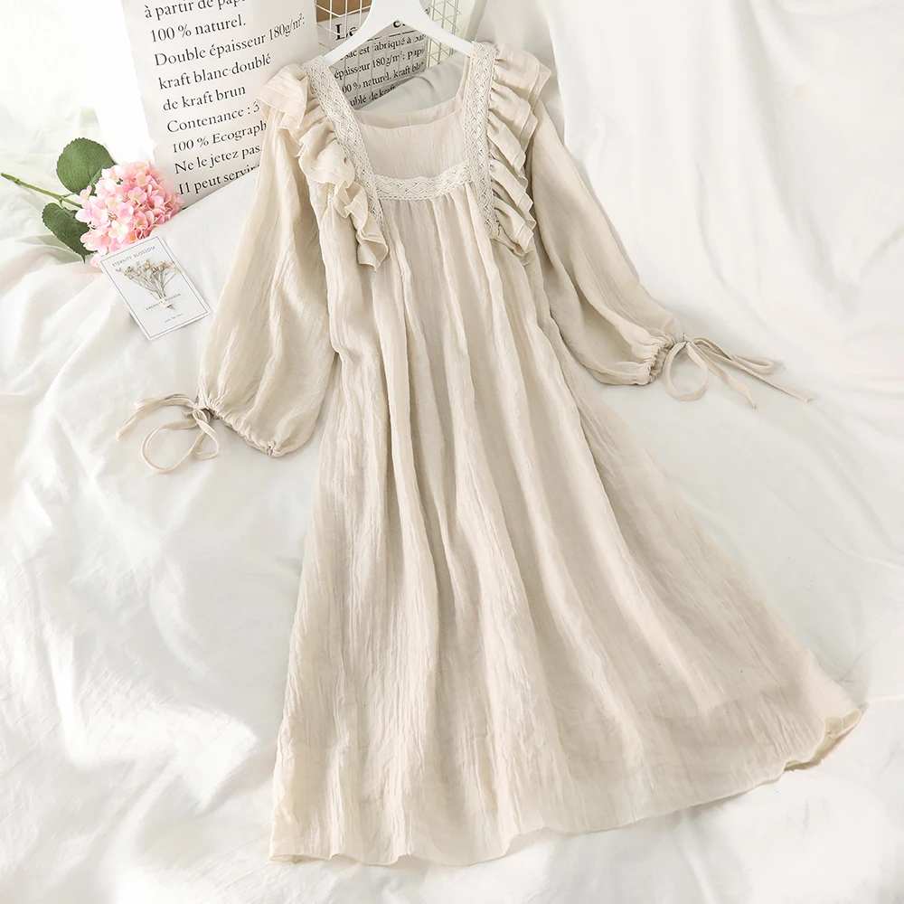 

Japanese Summer Mori Girl Lolita Dress Women Lace Patchwork Lantern sleeve solid square collar Female Harajuku Lovely Dresses