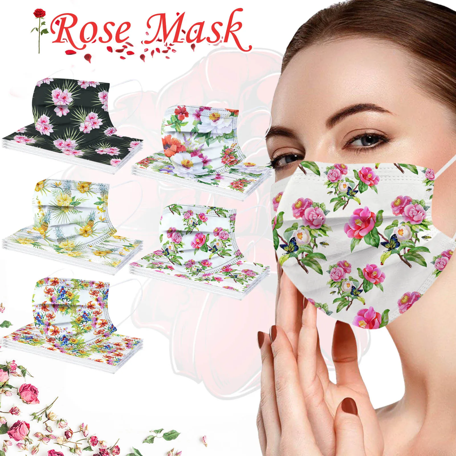 

50PC Adult Flower Disposable Face Masks Industrial 3Ply Ear Loop Mouth Cover Dustproof Filter Masks For Adult Masks Party Decor