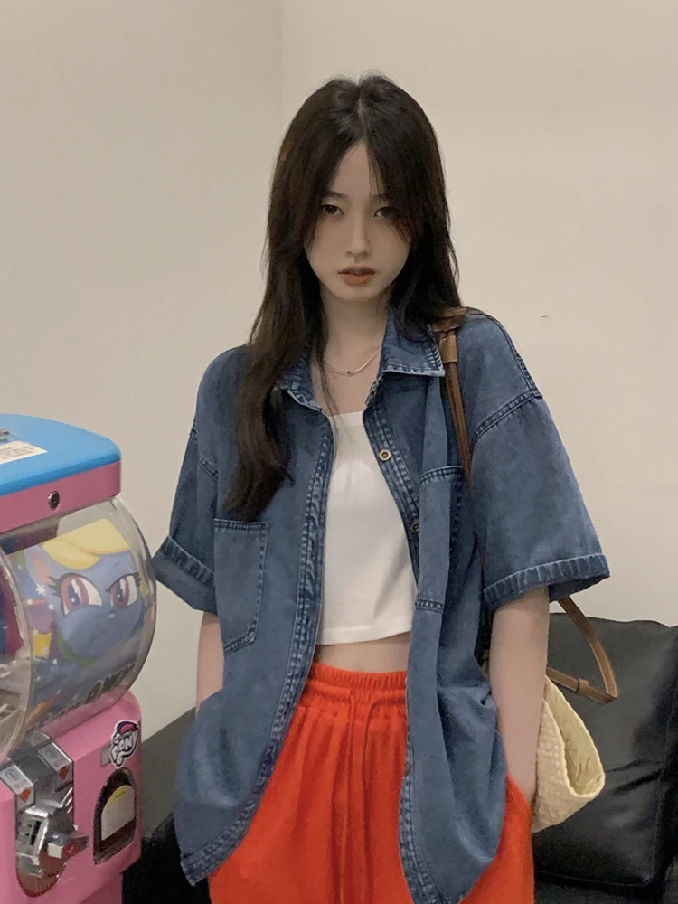 

Summer Fashion Denim Women T-Shirt New Retro Turn Down Collar Single Breasted Shirt 2022 Korean Loose Leisure Short Sleeve Tees