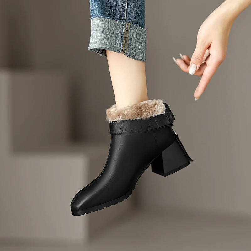 

2022 European Russia winter ankle boots natural leather warm snow boots 22-24.5cm cowhide+wool back zip suqare toe woolen boots