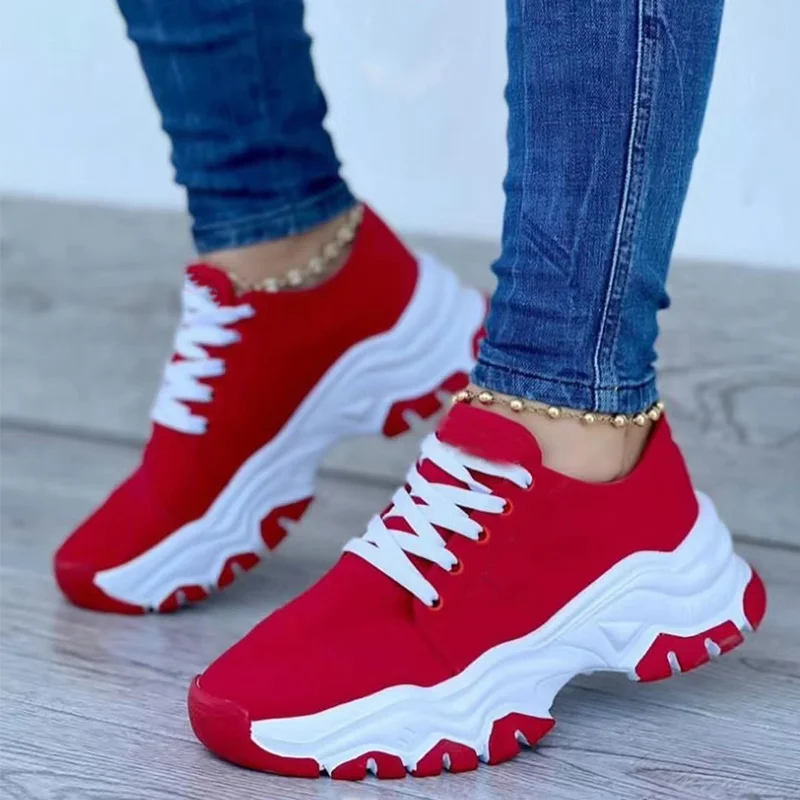 New Women Sport Shoes Casual Solid Color Sneakers Platform Lace Up Sport Shoes Breathable Comfortable Non-slip Shoes