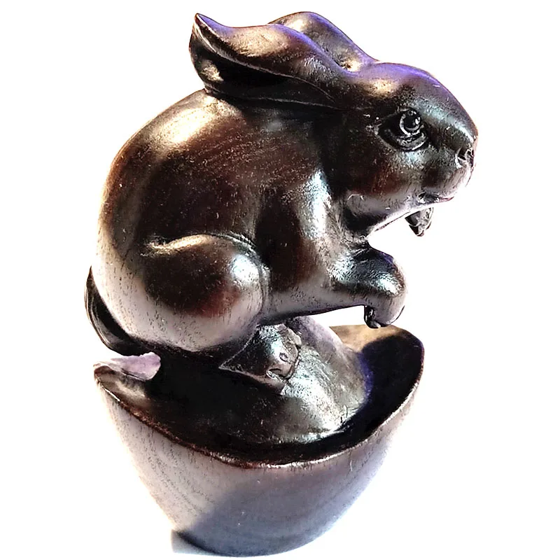 

Y8399 - 20 Years Old 2" Hand Carved Ebony Ironwood Netsuke Carving - Wealthy Rabbit