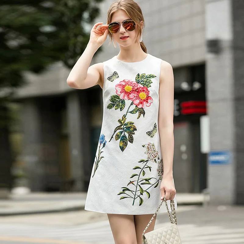 Women's Runway Dress O Neck Sleeveless Beaded Printed Dobby A Line Short High Street Fashion Dresses Vestidos