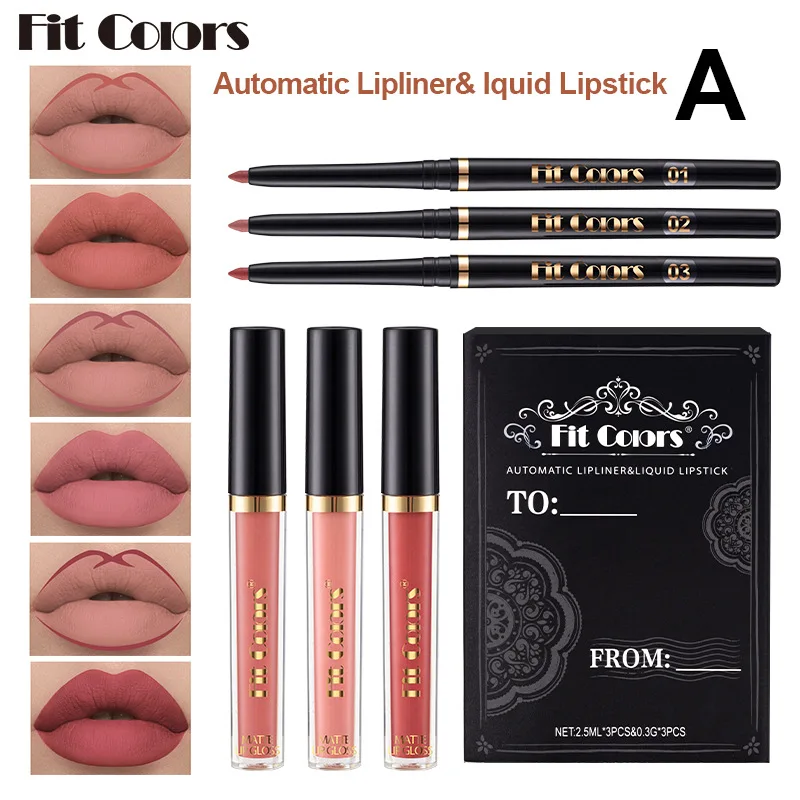 

Fit Colors 6pc/box Lip Gloss Lip Liner Combo Set Waterproof Liquid Matte Lipstick Waterproof Non-stick Cup Makeup maquillaje