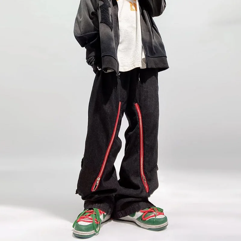 DEEPTOWN Y2K Zipper Baggy Jeans Men Button Straight Denim Pants Red Blue Streetwear Trousers Male Wide Leg Punk Hip Hop Fashion