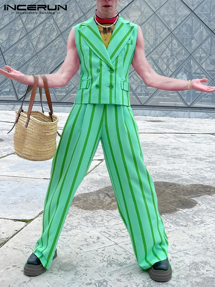 

INCERUN Fashion Men Striped Sets Streetwear Double Breasted Sleeveless Vests & Straight Pants 2PCS 2022 Men Casual Suits S-5XL