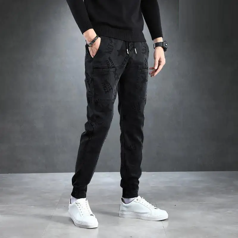 New Stitching Slim Pants Men's All-match Elastic Six-pocket Men's Pants Pentagram Jacquard Jeans Men's