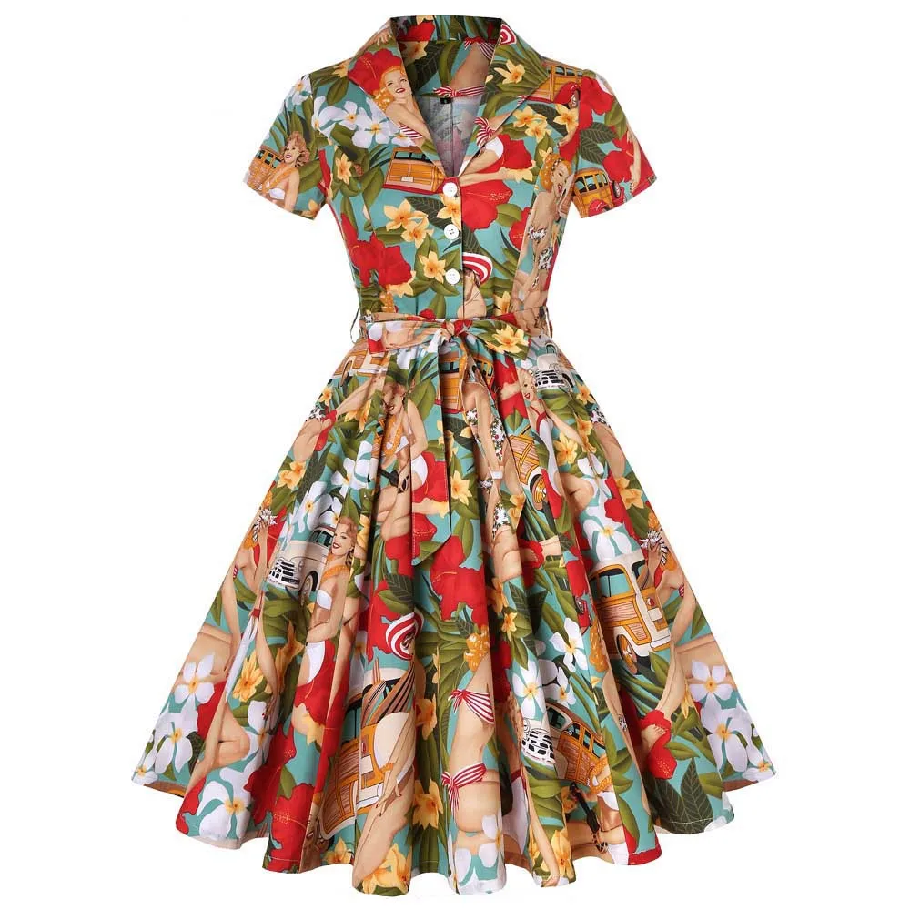 

Retro Print Summer Dress Elegant Button Turn-down Collar Short Sleeve Swing Mid-calf Vintage Pin Up Rockabilly Party Dresses