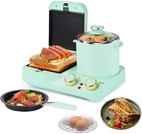 

in 1 Breakfast Station, Retro Toaster Breakfast Machine Sandwich Maker with Detachable Non-stick Coating Plate,Stockpot with Gl