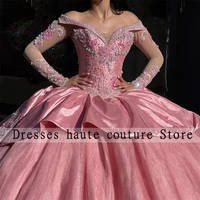 pink off the shoulder appliques quinceanera dresses crystal beaded ball gowns sweet 16 dress vestidos de 15 a%c3%b1os