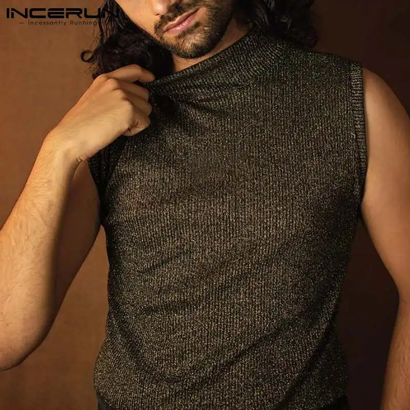 

2022 Men Tank Tops Turtleneck Sleeveless Sexy Solid Color Streetwear Shiny Vests Men Fashion Casual Men Clothing S-5XL INCERUN