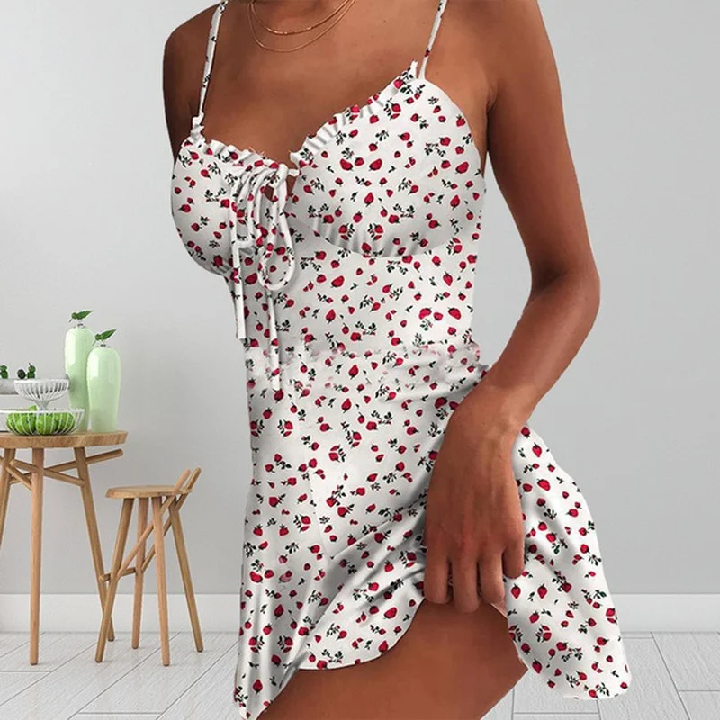 

2023 Summer New Strawberry Print Sweet Sling Dress for Women Fashion V-neck Lace-up Spaghetti Strap Boho Party Daily Sundresses