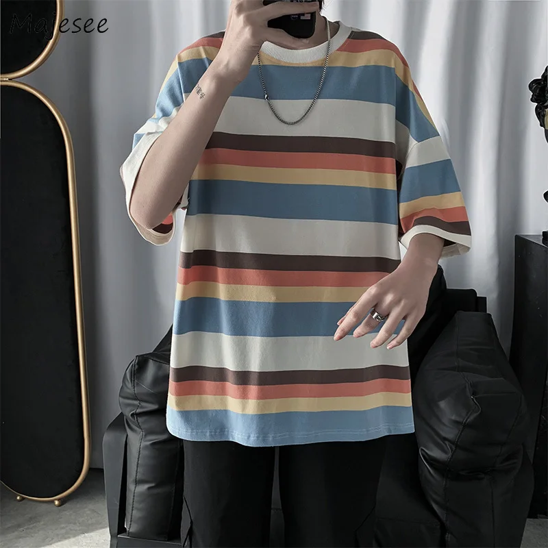 

Men Half Sleeve T-shirts Summer Couples Striped Loose Panelled Tees Male All-match Breathable Students Leisure Fashion