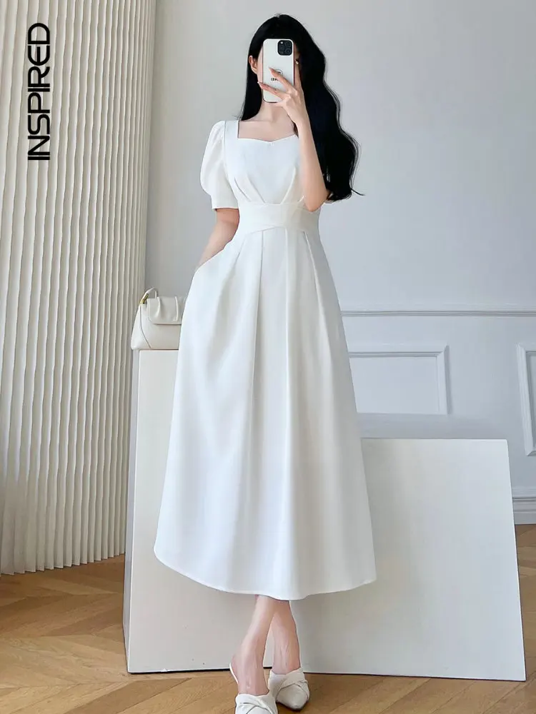 

Elegant White Dress Women Fashion 2023 Summer French Simple Square Neck Short Sleeve Dresses Women's Waist Slim Club Party Dress