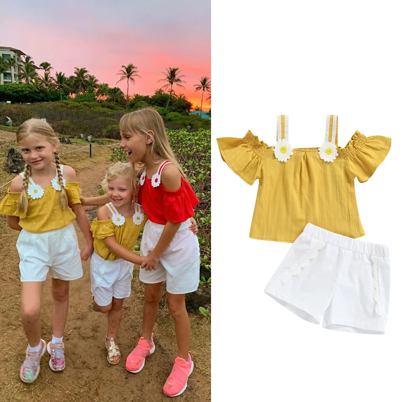 

Летняя одежда для девочек, модные женские топы с вырезом лодочкой и маргаритками, футболка с коротким рукавом и однотонные шорты, комплекты ...