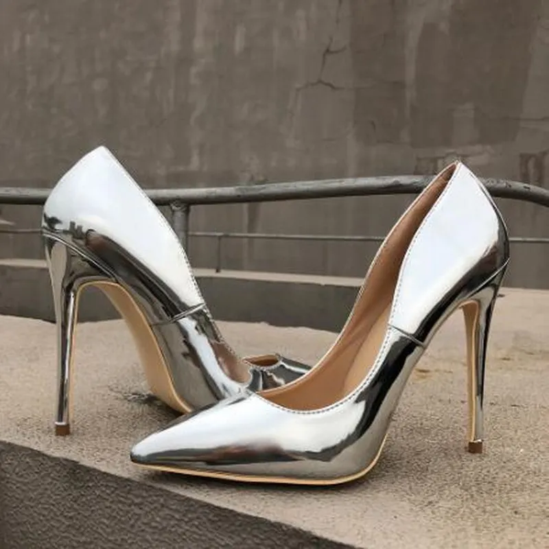 

Glossy Silver Patent Leather Women Sexy Pointed Toe High Heel Shoes Ladies Fashion Party Stiletto Pumps Customize Accept EU 45