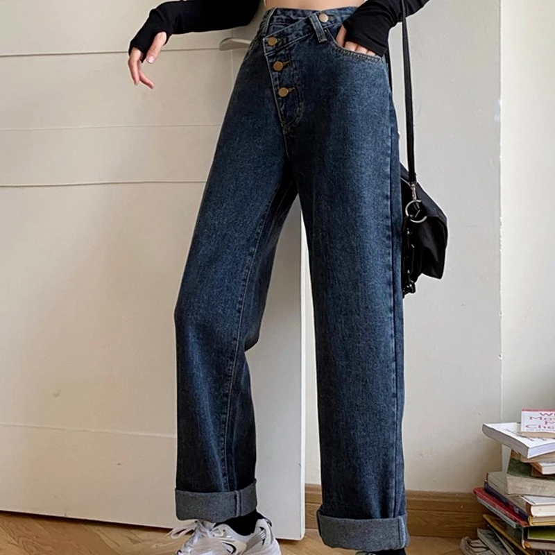 

Women Casual Plus Size Wide Leg Denim Pants 2021 High Waist Boyfriend Style Jeans Loose Straight Mom Chic Korean Blue Trousers