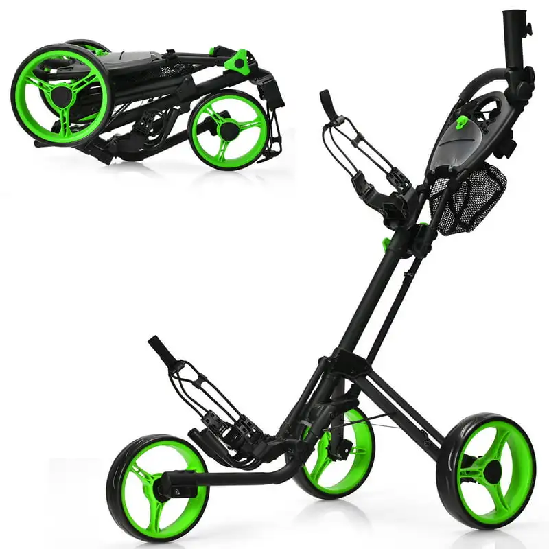 

3-Wheel Golf Push and Pull Cart Trolley with Mesh Bag Foot and Brake, Green