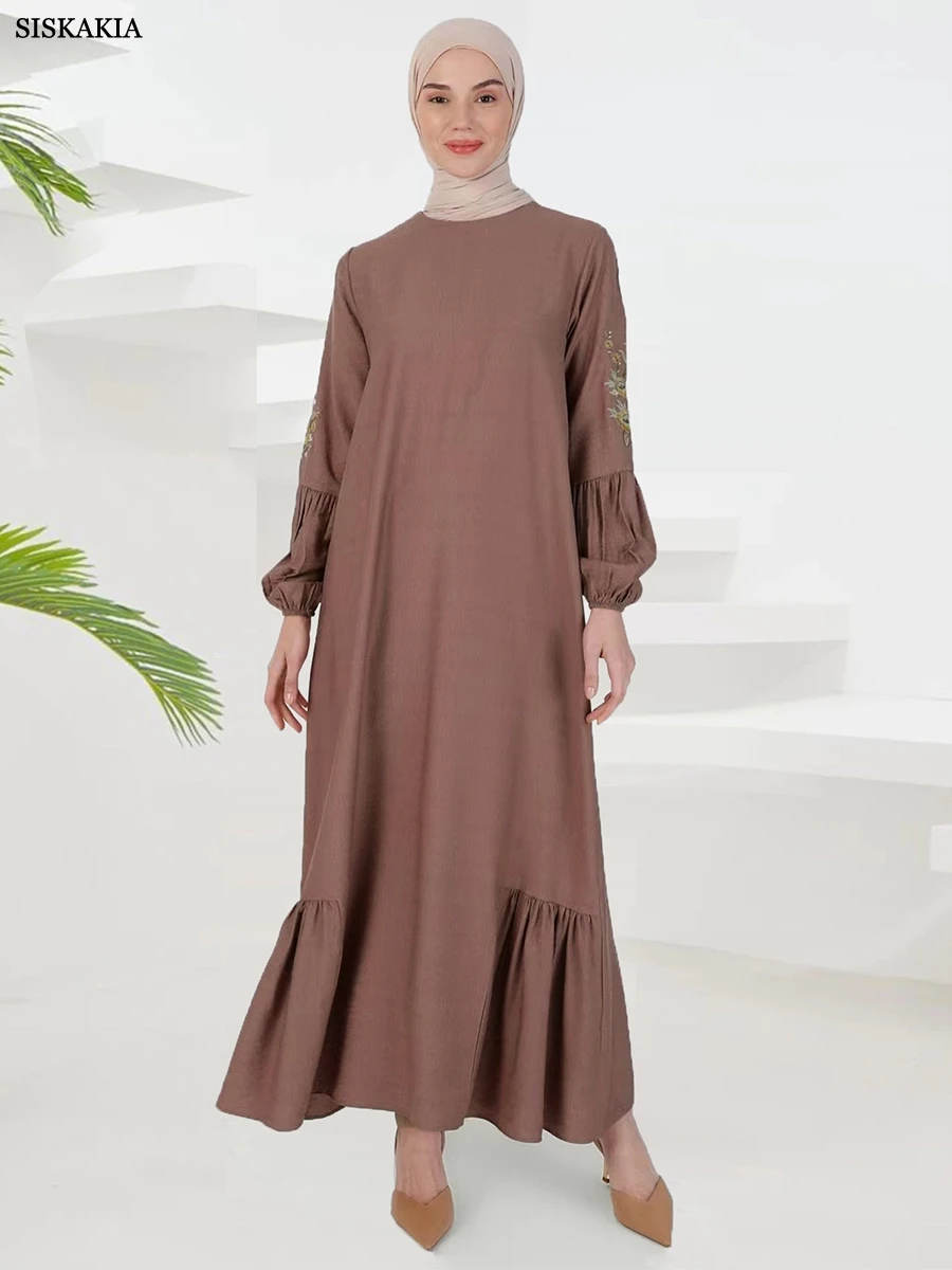 

Siskakia Cotton Hemp Embroidered Lantern Sleeve Ruffled Dress Corban Eid Al Adha Modest Muslim Moroccan Dubai Turkey Arab Robe