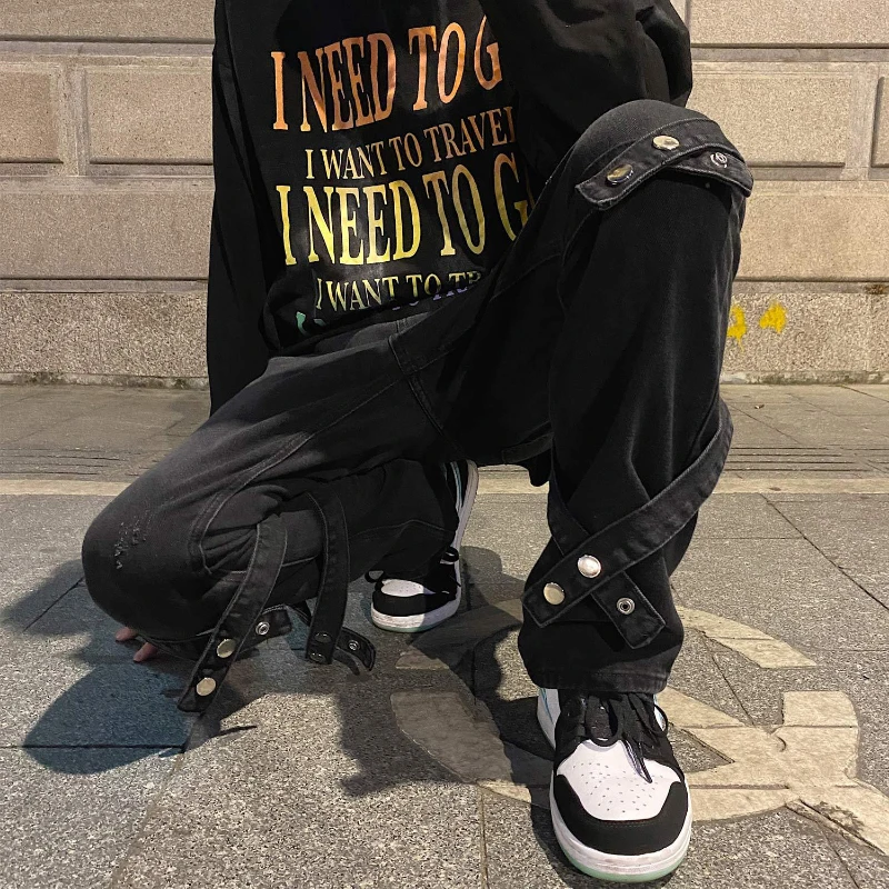DEEPTOWN Hip Hop Straight Jeans Men Streetwear Loose Casual Denim Pants Fashion Black Ribbons Punk Trousers Male Spring Autumn