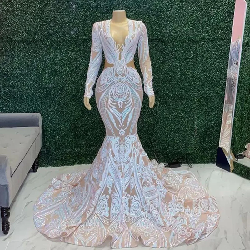 

Sparkly Sequined Mermaid Prom Dresses Illusion Cutaway Gala Evening Gowns Round Neck Full Sleeve Females Cocktail De Robes