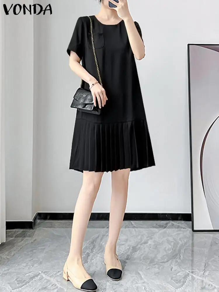 

Women Sexy Mini Dress 2023 Round Neck Short Sleeve Pleated Loose Dress Summer Sundress VONDA Fashion Party Vestidos Casual Robe