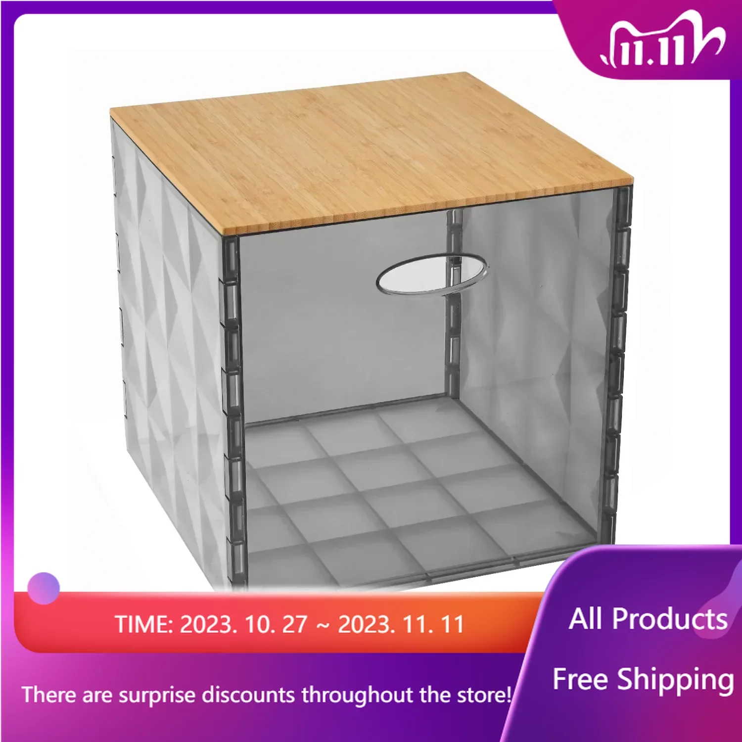 

Translucent Plastic and Bamboo Grey Large Crystal Bin - Multipurpose Storage Container Fast Transportation