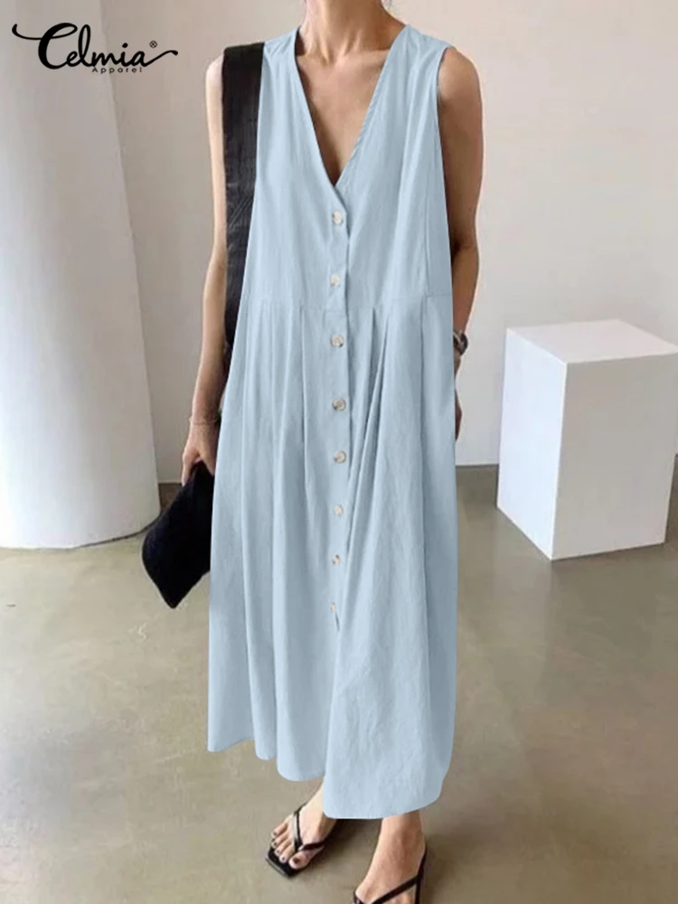 

Celmia 2022 Fashion Casual Loose Long Sundress V Neck Pressed Pleats Single Breast Leisure Tank Dresses Women Summer Maxi Robe