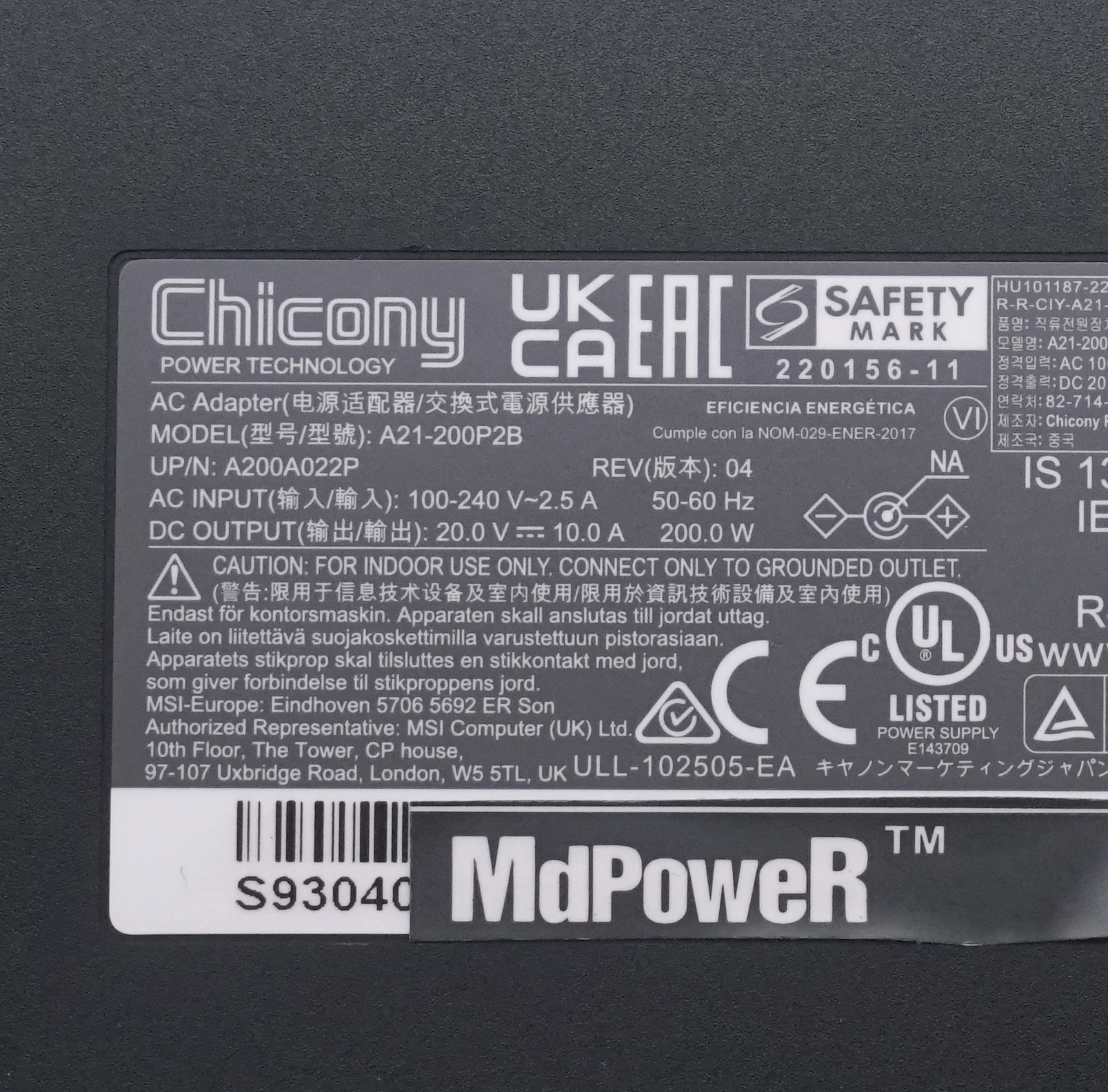 Фото Оригинальный OEM-адаптер питания Chicony 20V 10A 200W A21-200P2B A200A022P для ноутбуков MSI Stealth 14 Studio MS-14K Gaming №3