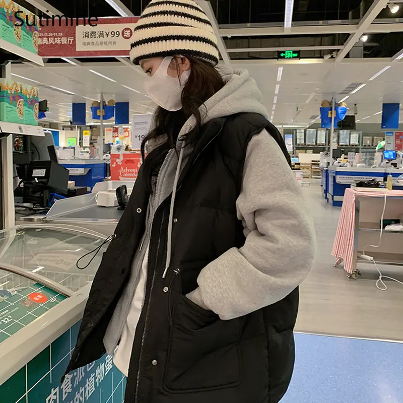 Coat Women Hooded Office Lady Color Contrast Mock Two-piece Winter Loose Korean Thickened Cotton Coat Pockets Winter Coat Women