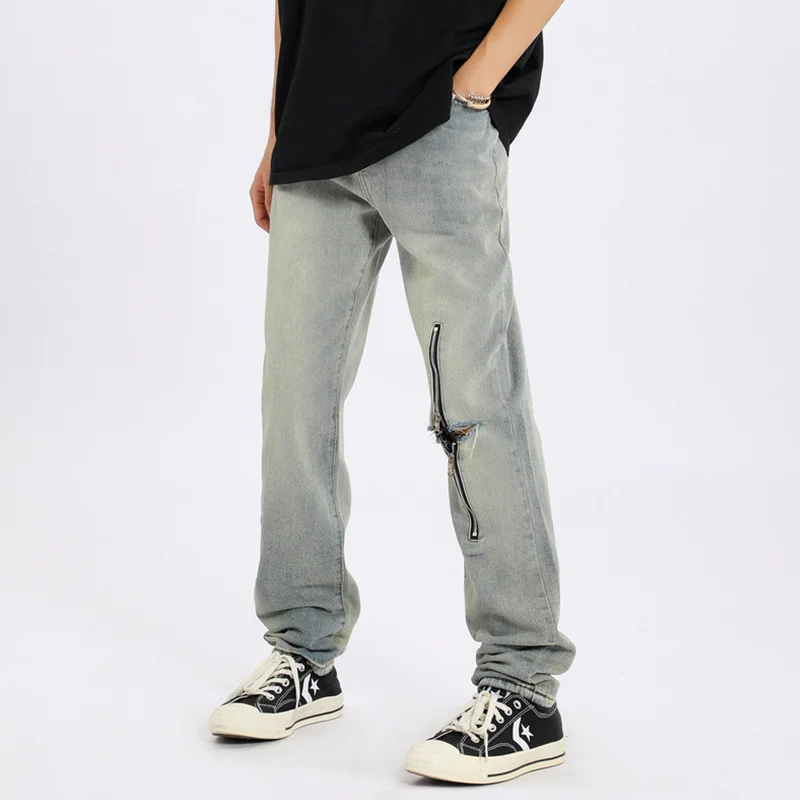Streetwear Men 2022 Autumn and Winter New Loose Straight Cylinder Jeans Vintage Comfortable Blue Zipper Ripped Trousers Female