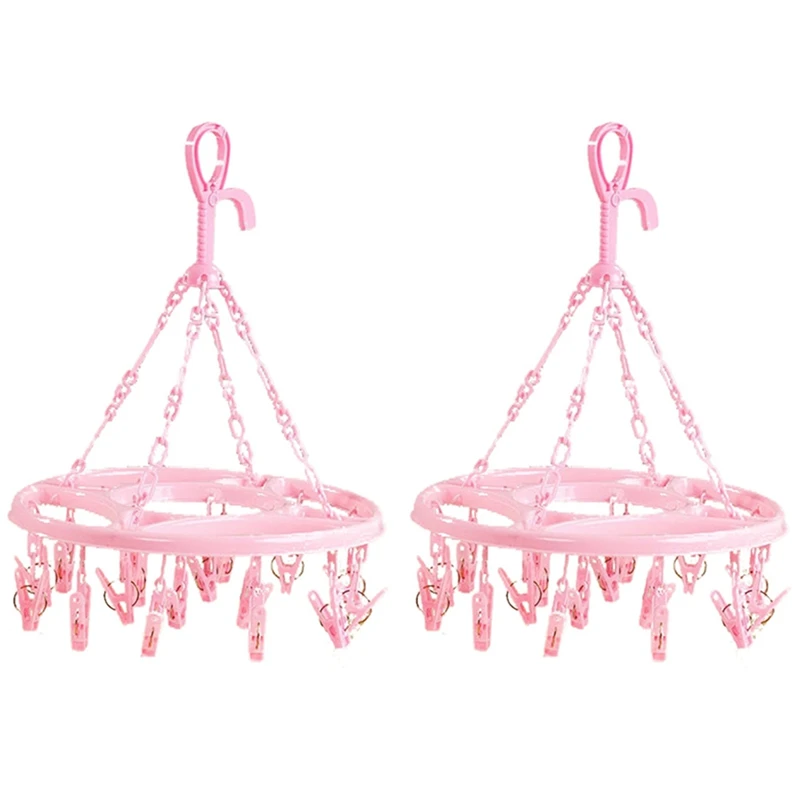 

2X Hanging Dryer 18 Clips Pin Laundry Clothes Hanger Und Erwear Socks Foldable New(Pink)-FS-PHFU