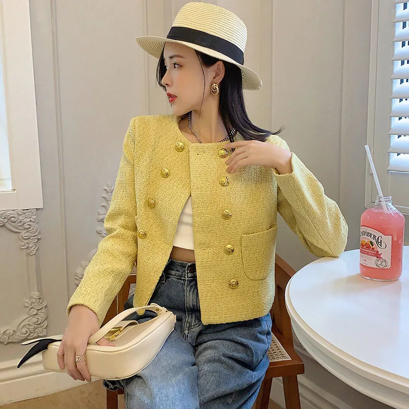 

Korea 2021 New Fall Winter Women Full Sleeve Metal Button Short Jacket Double Breasted Tweed Casual Yello Pockets Outerwear Coat