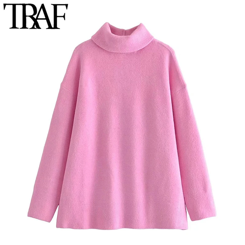 

TRAF Women Fashion Thick Warm Oversized Knit Sweater Vintage High Neck Long Sleeve Female Pullovers Chic Tops